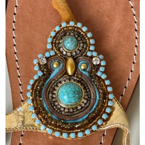 Mystique Beaded Thong Sandals Turquoise Embellished Gold Straps Size 7 - Picture 7 of 7